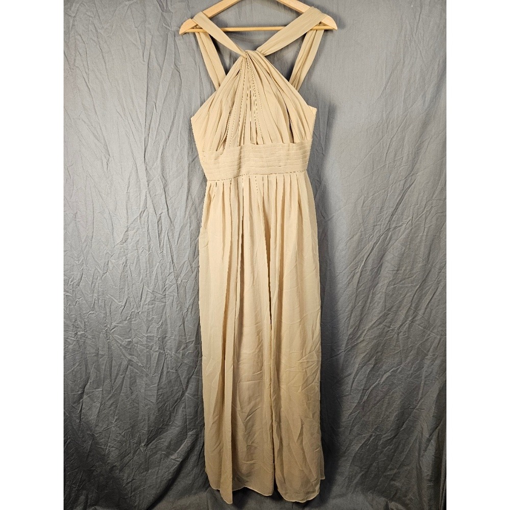 Beige Chiffon Halter Maxi Dress Lace Up Corset Back Bridesmaid Formal Gown 10